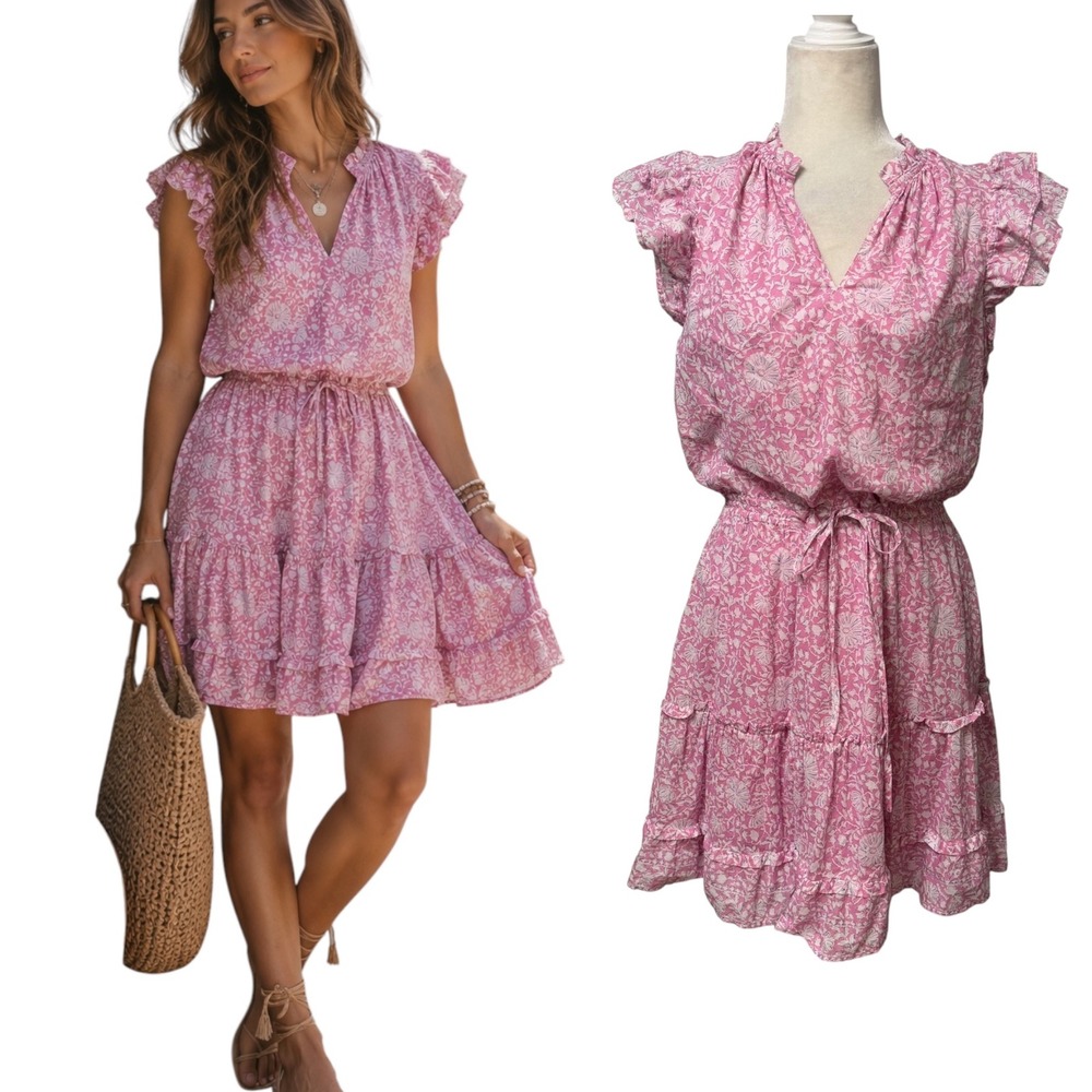 Vineyard Vines Dress Women M Pink Floral Ruffles Feminine Tiered Pockets Resort